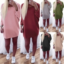 Fashion Round-neck Solid Color Long Sleeve Loose Knitted Dress