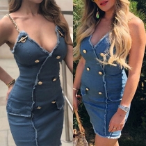 Sexy Backless V-neck Double-breasted Slim Fit Sling Denim Dress