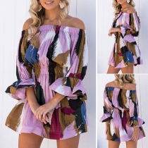 Sexy Off-shoulder Boat Neck Trumpet Sleeve Colorful Printed Dress