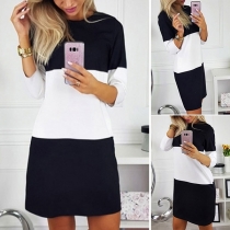 Fashion Contrast Color Long Sleeve Round Neck Slim Fit Dress