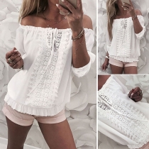 Sexy Off-shoulder Boat Neck Long Sleeve Lace Spliced Top 