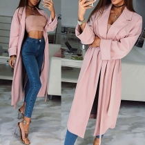 Fashion Solid Color Long Sleeve Notched Lapel Coat with Waist Strap