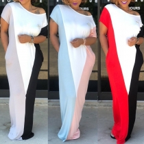 Sexy Oblique Shoulder Short Sleeve Contrast Color Maxi Dress