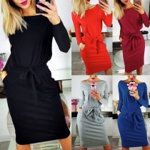 Elegant Solid Color Long Sleeve Round Neck Slim Fit Dress with Waist Strap 