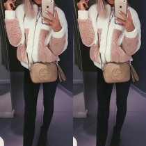 Fashion Contrast Color Long Sleeve Side Pockets Zipper Thick Coat
