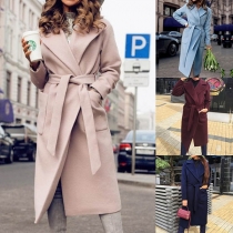 Fashion Solid Color Long Sleeve Slim Fit Overcoat with Waist Strap