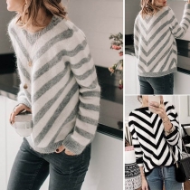 Fashion Long Sleeve Round Neck Contrast Color Striped Sweater