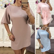 Fashion Solid Color Round-neck Half Sleeve Lace-up Dress