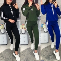 Fashion Striped Spliced Long Sleeve Hoodie + Pants Sports Suit