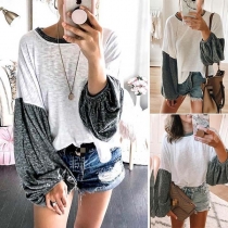 Fashion Contrast Color Lantern Sleeve Round Neck Loose T-shirt 