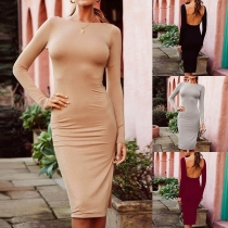 Sexy Backless Round Neck Long Sleeve Side-Slit Slim Fit Dress