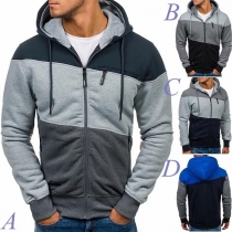Casual Style Contrast Color Long Sleeve Hooded Men's Sweatshirt Coat 