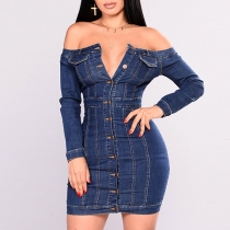 Sexy Off-the-shoulder Button Front Long Sleeve Slim Fit Denim Dress