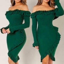 Sexy Off-shoulder Boat Neck Long Sleeve Irregular Hem Ruffle Dress