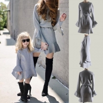 Sweet Style Lotus Sleeve Round Neck Ruffle Hem Parent-child Dress