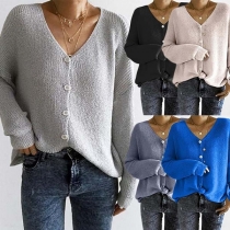 Fashion V-neck Button Front Solid Color Long Sleeve Loose Sweater