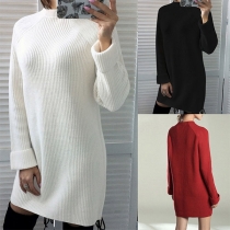 Fashion Round-neck Solid Color Long Sleeve Knitted Dress
