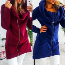 Fashion Solid Color Zipper Front Long Sleeve Hoodie