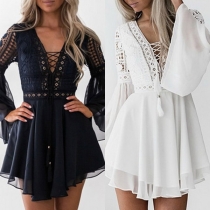 Sexy Deep V-neck Hollow Out Bell Sleeve Solid Color Lace Spliced Dress