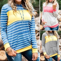 Fashion Contrast Color Long Sleeve Side Pockets Striped Hooded Sweatshirt