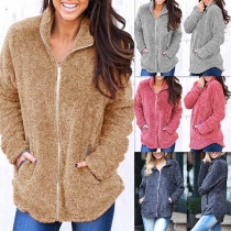 Fashion Solid Color Long Sleeve Stand Collar Plush Coat 