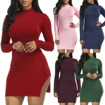 Simple Style Long Sleeve Round Neck Slit Hem Solid Color Tight Dress
