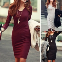 Fashion Solid Color Long Sleeve V-neck Slim Fit Dress