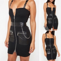 Sexy Backless High Waist PU Leather Spliced Slim Fit Sling Dress