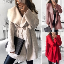 Fashion Solid Color Long Sleeve Lapel Coat with Waist Strap 