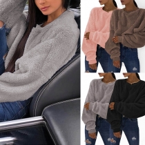 Fashion Solid Color Long Sleeve Round Neck Plush Crop Top 