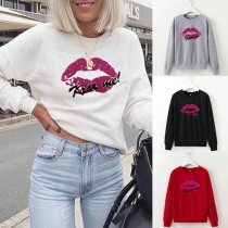 Fashion Red-lip Printed Long Sleeve Round Neck Sweatshirt