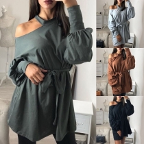 Sexy Off-shoulder Long Sleeve Solid Color Sweatshirt with Waist Strap