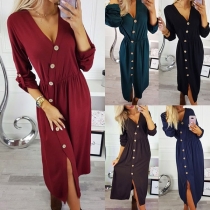 Sexy V-neck Long Sleeve Single-breasted Solid Color Dress