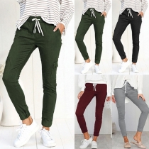 Fashion Solid Color Drawstring Waist Side-pocket Casual Pants 