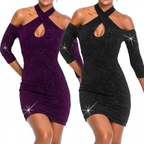 Sexy Off-shoulder 3/4 Sleeve Solid Color Crossover Halter Dress