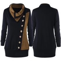 Fashion Contrast Color Long Sleeve Cowl Neck Side-buttons Sweatshirt 