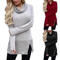 Fashion Solid Color Long Sleeve Slit Hem Cowl Neck Top 