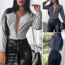 Sexy Deep V-neck Long Sleeve Striped Shirt