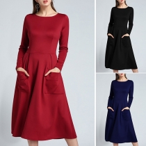 Elegant Solid Color Long Sleeve Round Neck Frong-pocket Dress