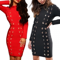 Sexy Long Sleeve Round Neck Lace-up Keyholes Tight Dress
