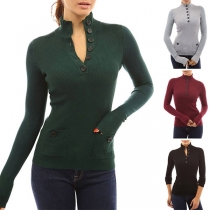 Fashion Solid Color Long Sleeve Stand Collar Slim Fit Knit Top