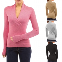 Sexy V-neck Long Sleeve Solid Color Slim Fit T-shirt