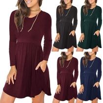 Fashion Solid Color Long Sleeve Round Neck High Waist Dress
