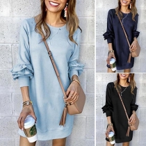Fashion Solid Color Long Sleeve Round Neck Dress