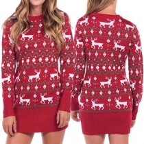 Cute Elk Printed Long Sleeve Round Neck Slim Fit Dress