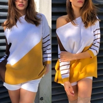 Fashion Striped Spliced 3/4 Sleeve Contrast Color T-shirt 