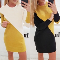 Fashion Contrast Color Long Sleeve Round Neck Slim Fit Sweater Dress