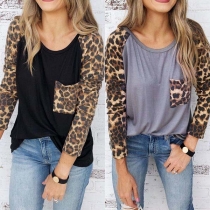 Fashion Leopard Spliced Long Sleeve Round Neck T-shirt