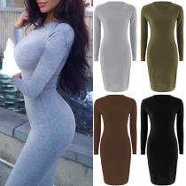 Simple Style Long Sleeve Round Neck Solid Color Dress(It falls small)