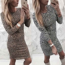 Fashion Long Sleeve Round Neck Slim Fit Leopard Print Dress